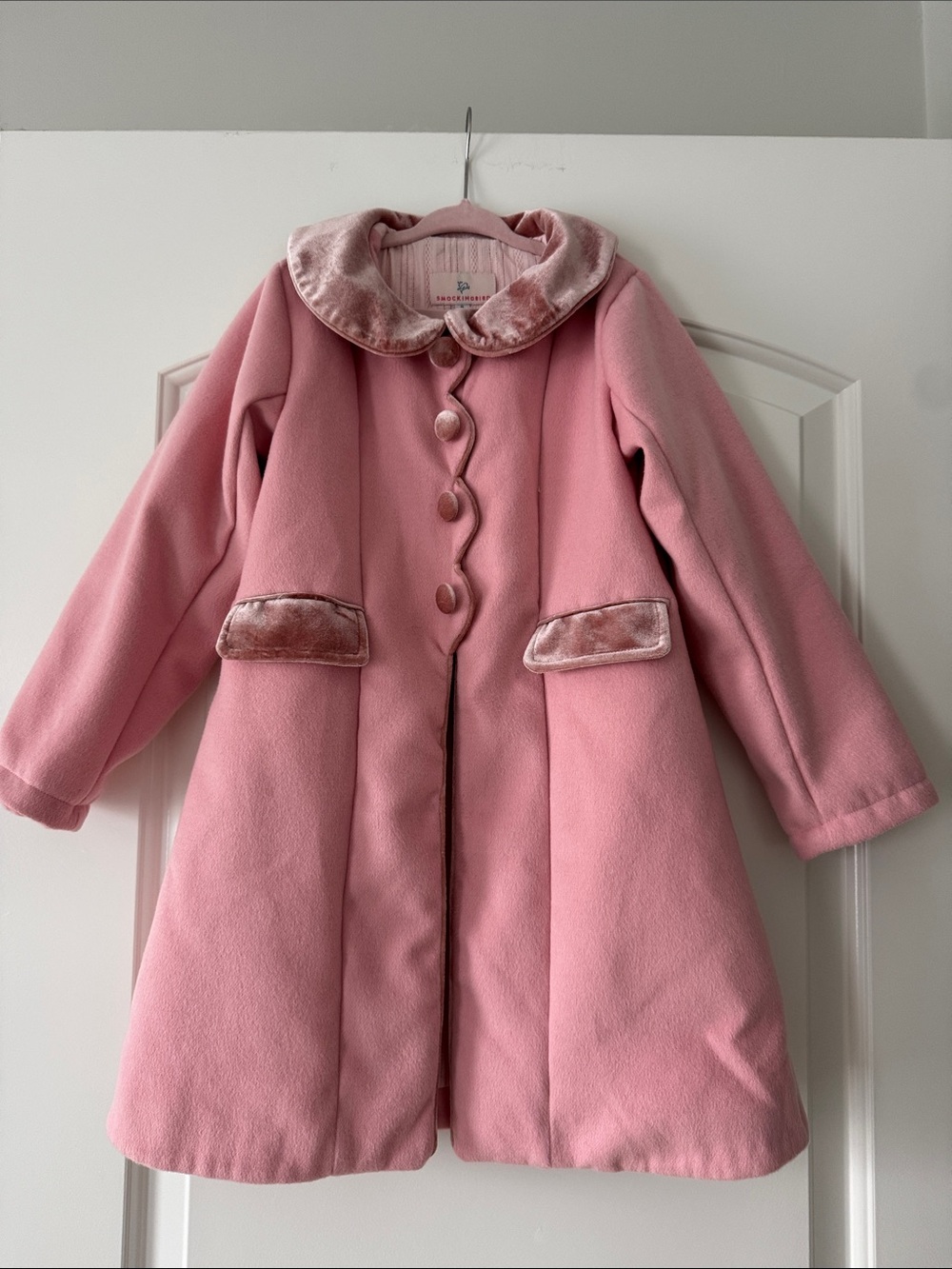 Girls' Pink Velvet-Trim Pea Coat - Classic A-Line